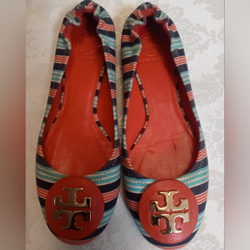 TORY BURCH Red/White/Blue Striped Flats